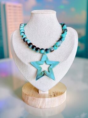 One of a kind Turquoise color Star Bead Necklace - Women's Fashion Jewelry
